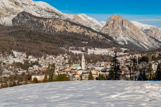 Snowy landscape of Cortina d'Ampezzo with the Dolomite mountains under clear skies.