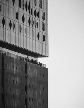 Elegant monochrome capture of the Elbphilharmonie in Hamburg, showcasing its unique architecture.