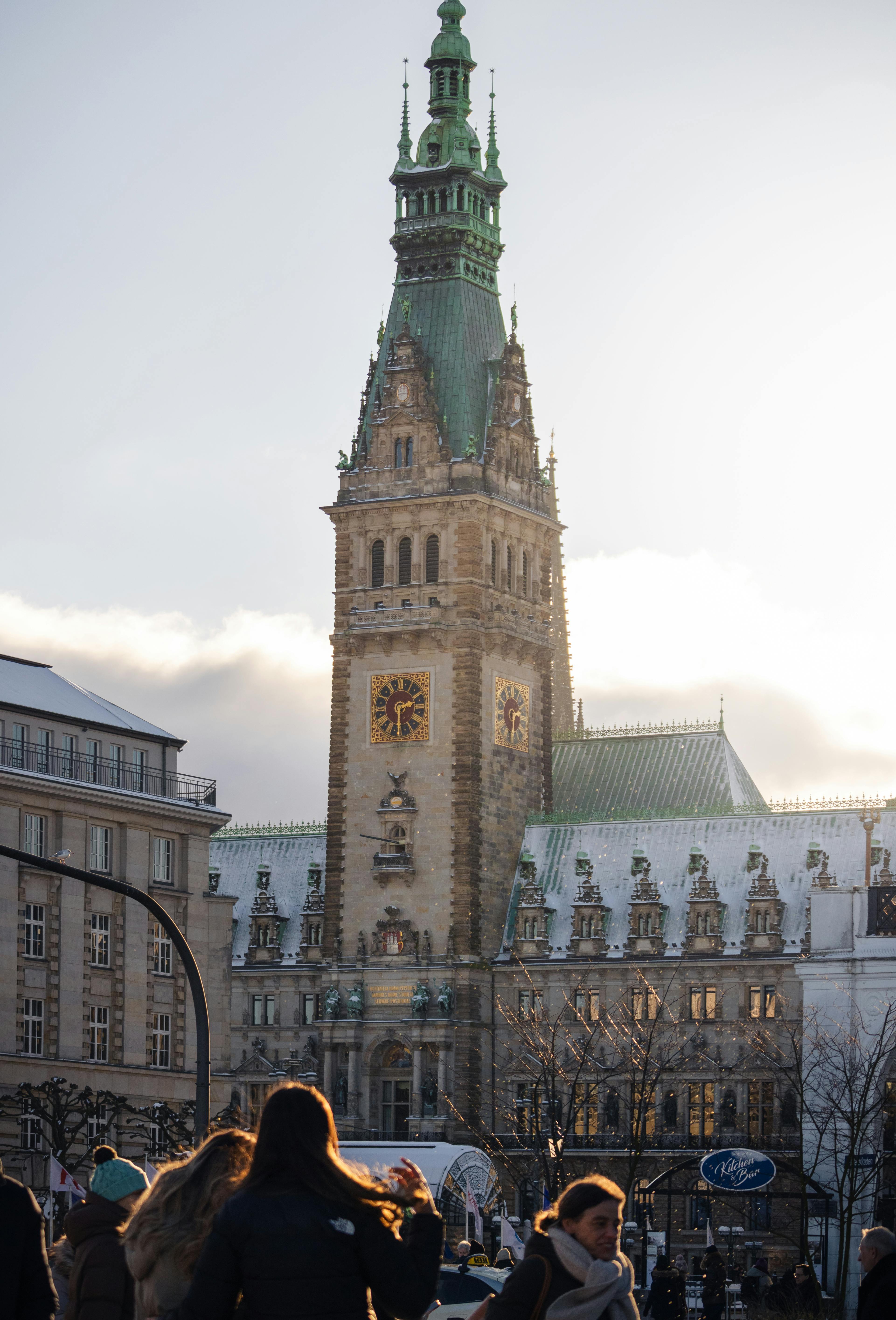 winter view of hamburg rathaus in evening light