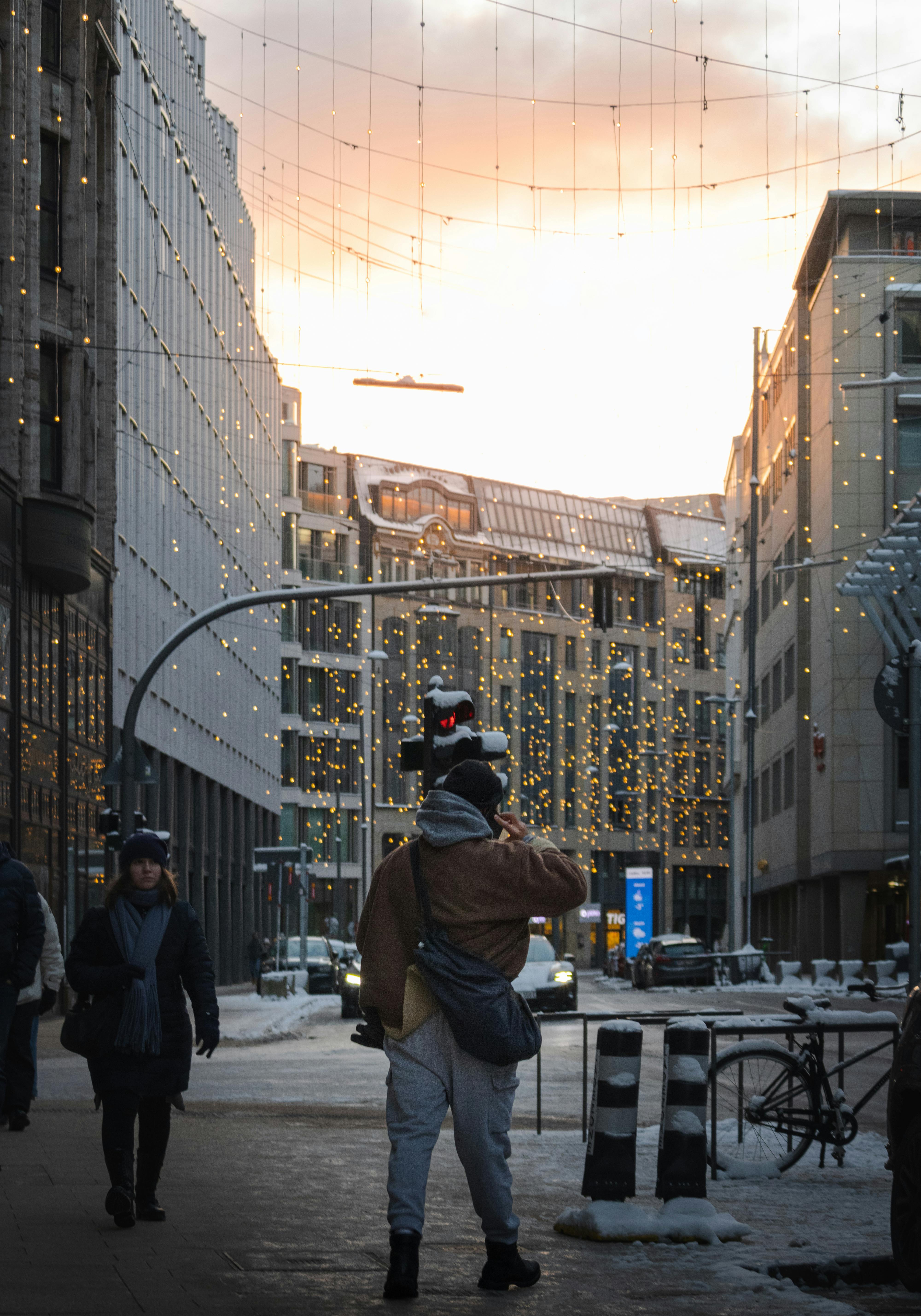 festive street scene in winter sunset hamburg