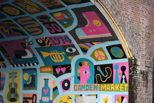 Colorful street art in Camden Market tunnel featuring vibrant imagery.