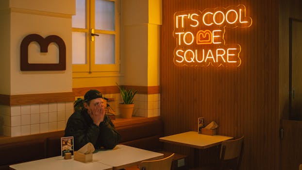 Warm indoor restaurant scene with neon sign and seated person, creating a cozy atmosphere.