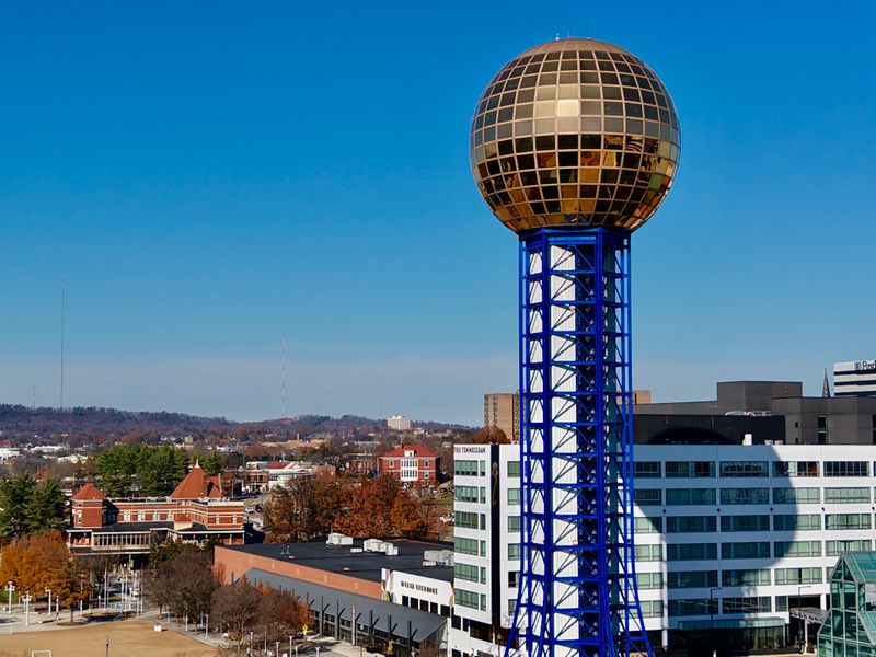 Aerial view of the Sunsphere tower and Knoxville, Tennessee on a sunny day
