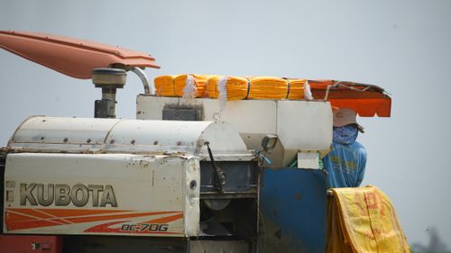 Free Close-up of a Kubota harvester in a field with an adult operator. Stock Photo