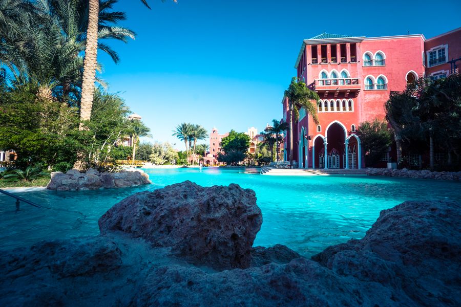 Clear swimming pool water at an elegant resort facility