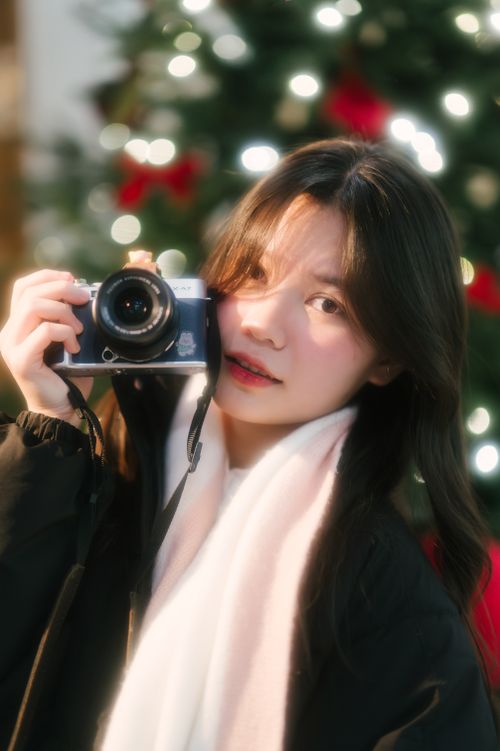Free Portrait of a young woman holding a camera in front of a decorated Christmas tree, capturing the festive spirit. Stock Photo