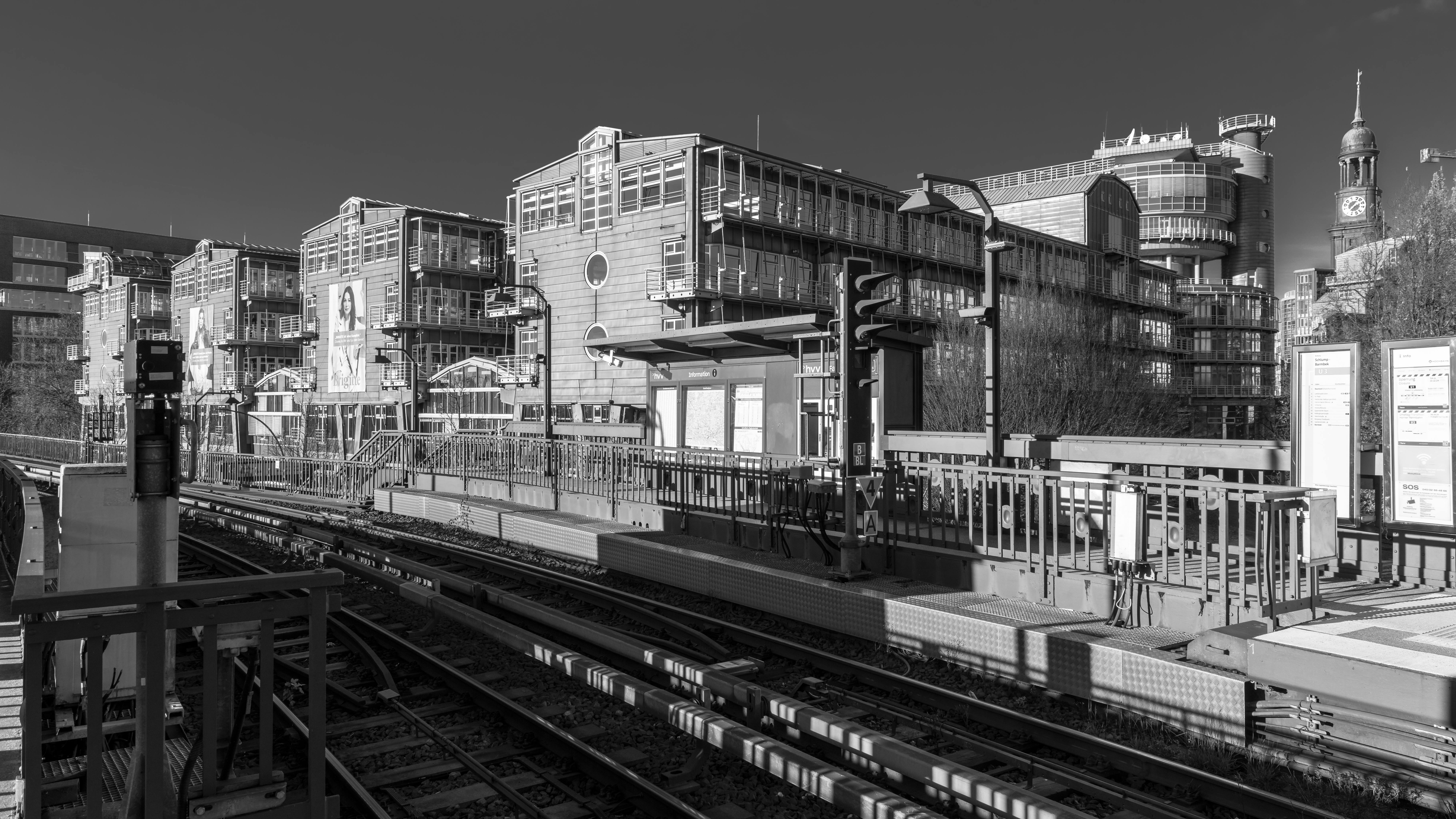 monochrome view of hafencity train station in hamburg