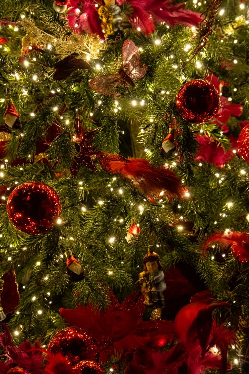 Free A beautifully decorated Christmas tree adorned with red ornaments, twinkling lights, and festive decorations. Stock Photo
