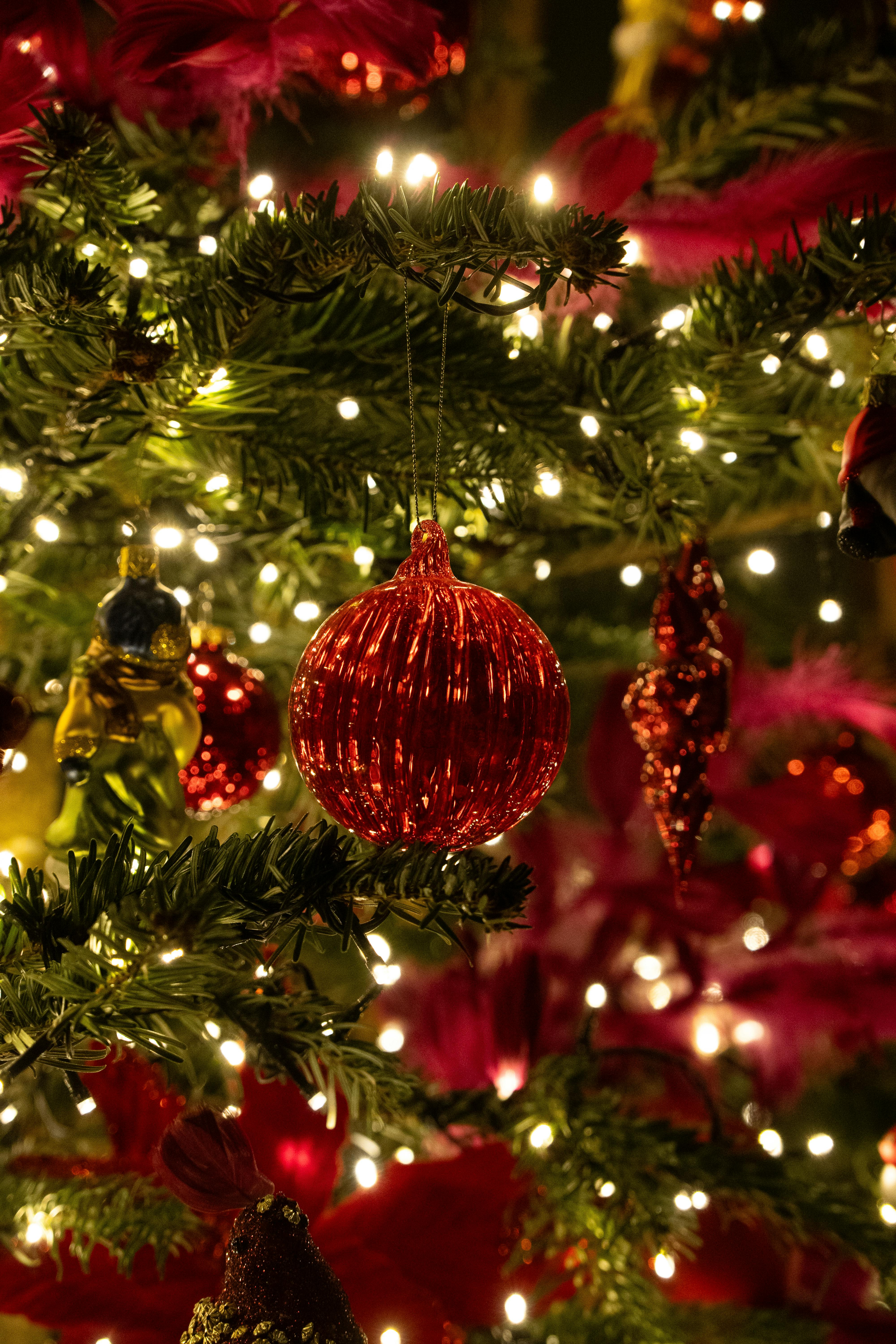 festive christmas tree with red ornaments