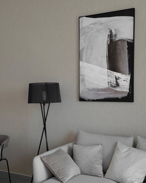 Free Elegant living room with abstract art and minimalist decor in Dubai, UAE Stock Photo