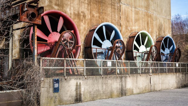 A row of large colorful ventilation fans on a rustic industrial building exterior.
