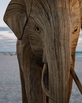 Artistic wooden elephant sculpture displayed on the sandy shores of Miami Beach.