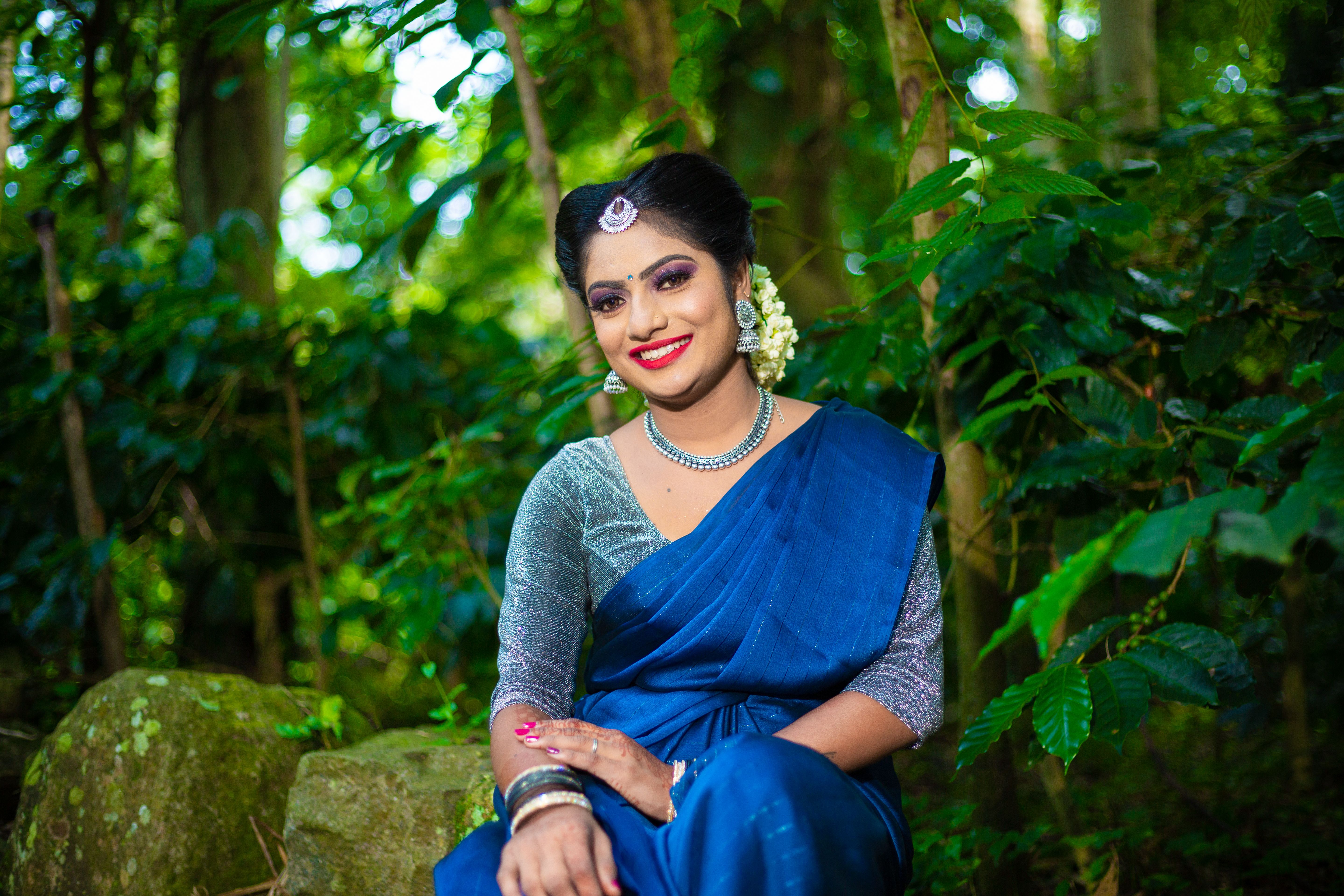 Portrait of a Woman in Blue Saree Outdoors · Free Stock Photo