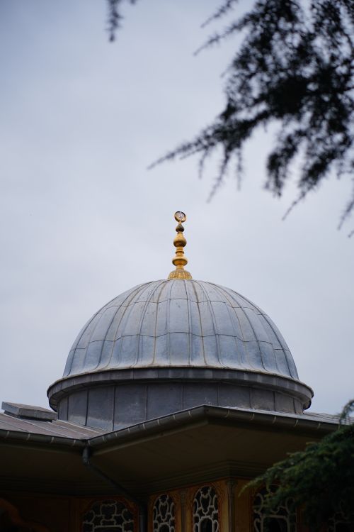 Free A traditional dome with golden finial under a cloudy sky framed by tree branches. Stock Photo