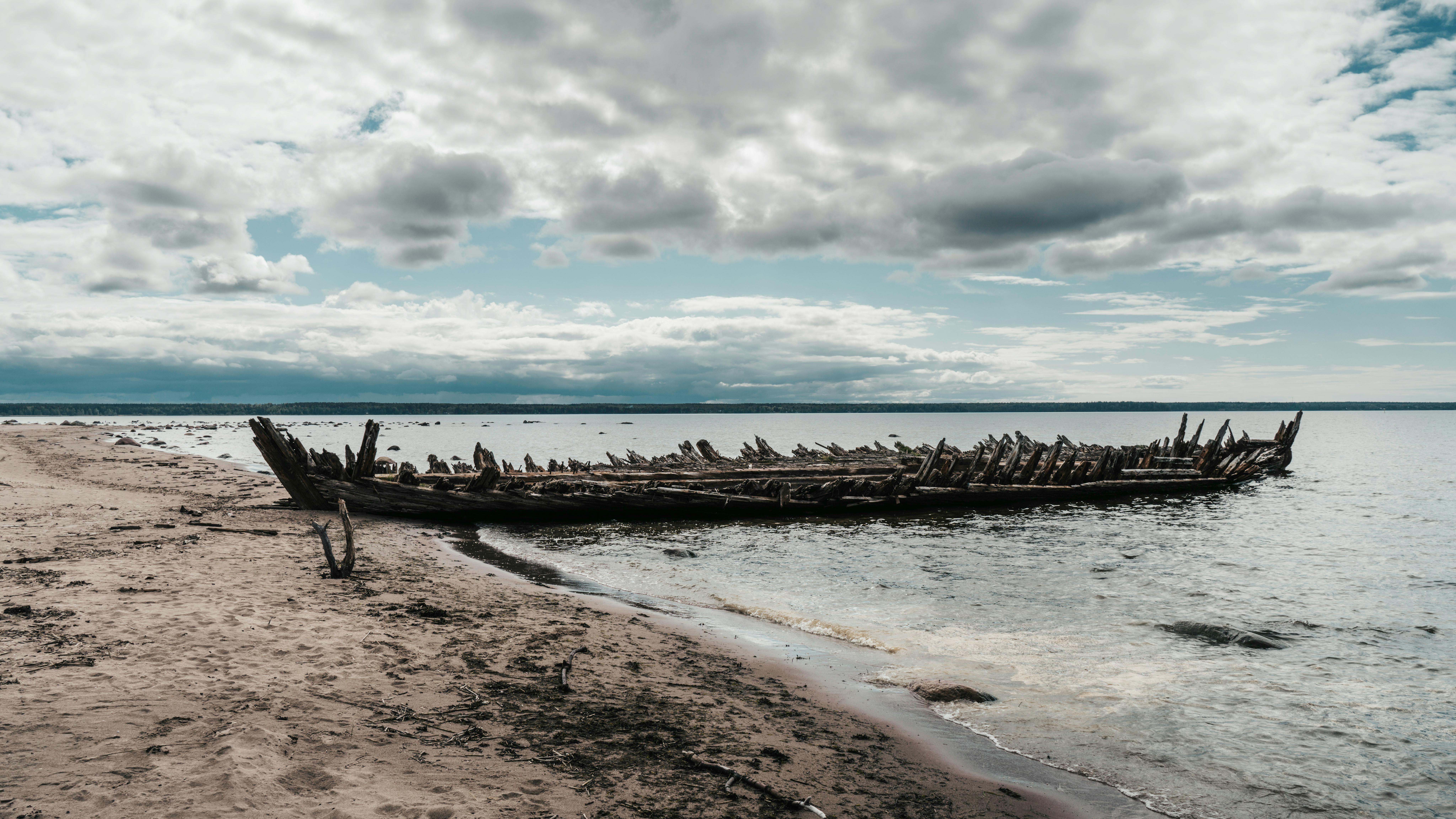 Weathered shipwreck along a quiet beach under a cloudy sky.