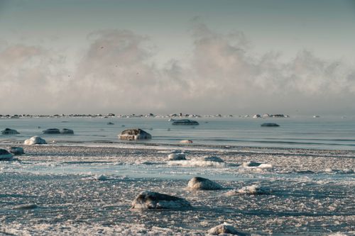Free Serene winter scene of a frozen sea with scattered ice and rocks under a clear sky. Stock Photo