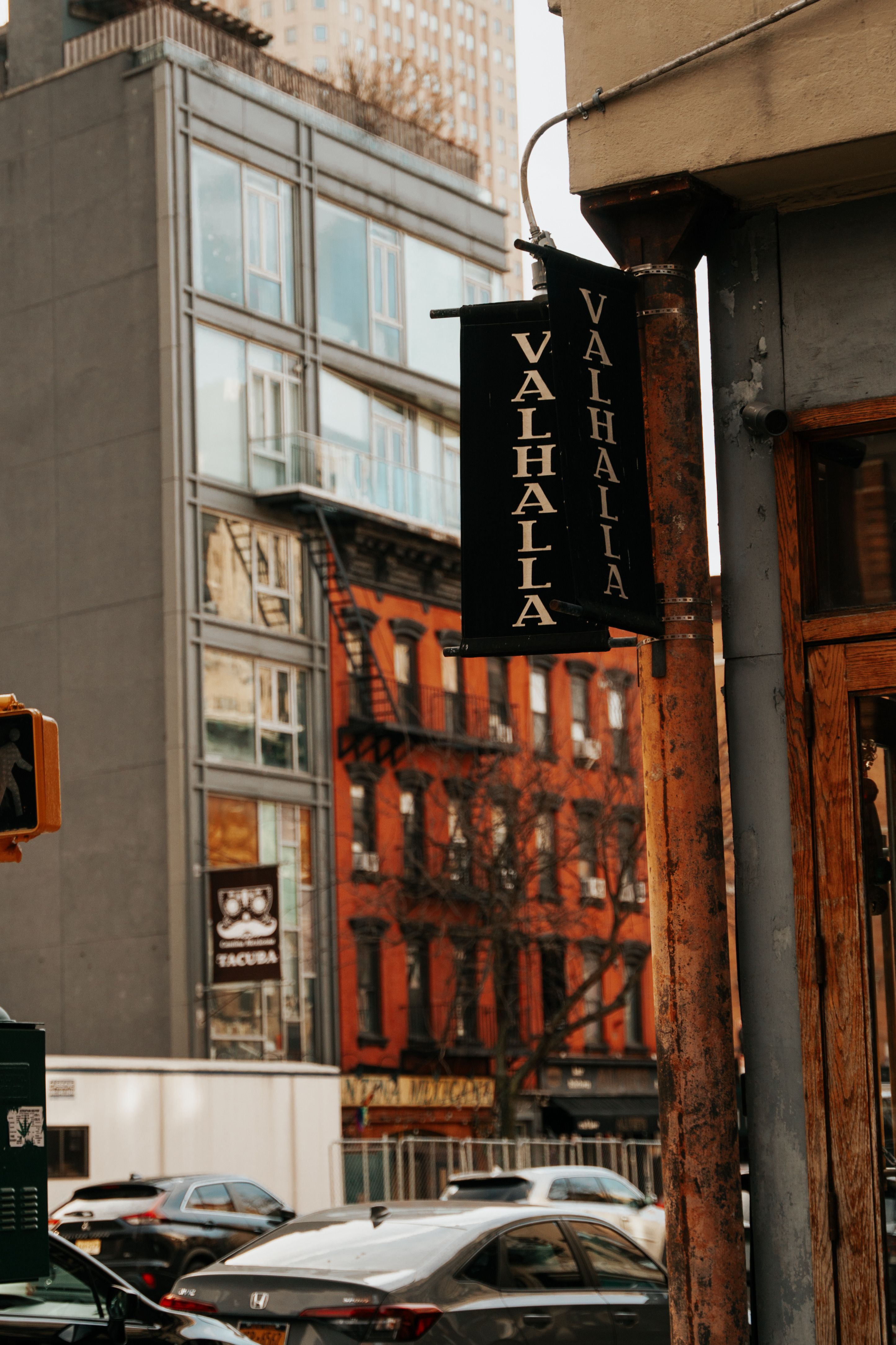 Urban Street View with Valhalla Sign in New York City · Free Stock Photo