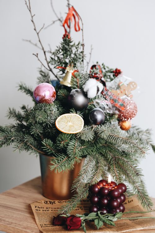 Free A decorative Christmas branch with ornaments in a pot, perfect for holiday decor. Stock Photo