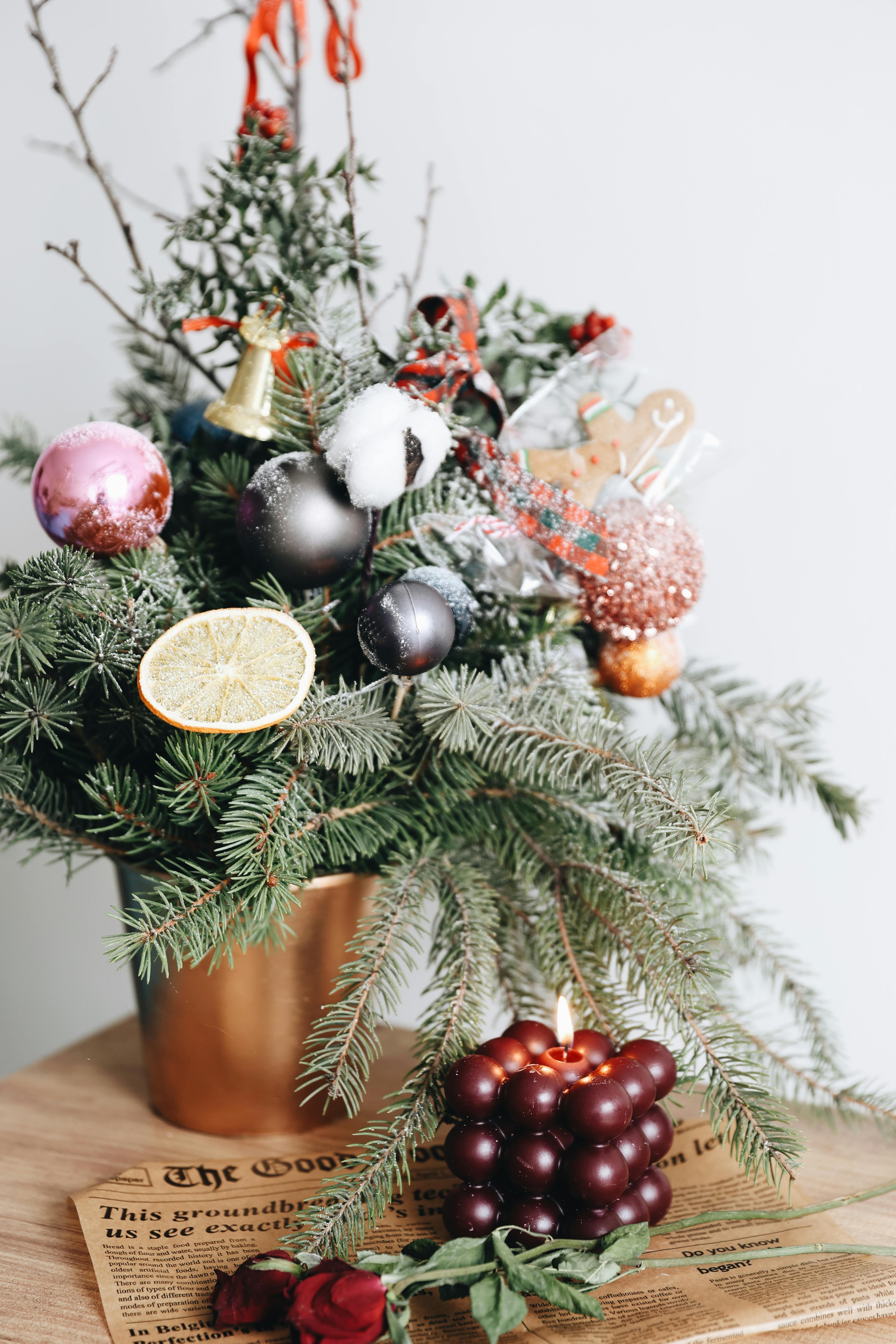 festive holiday arrangement with ornaments