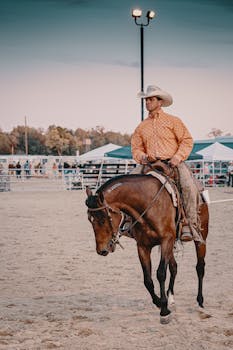 A cowboy in a western hat riding a horse at a rodeo event during the day.