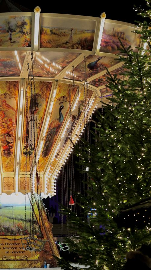 Free Lit carousel with holiday decorations beside a Christmas tree at night. Stock Photo