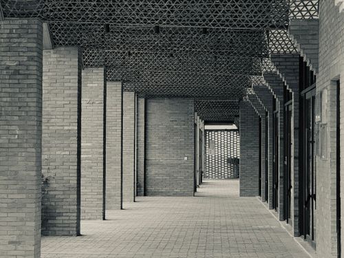 Free Monochrome image of a brick corridor with intricate geometric ceiling design, emphasizing symmetry. Stock Photo