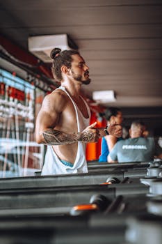 Man with tattoo jogging on treadmill in gym, emphasizing fitness and focus.