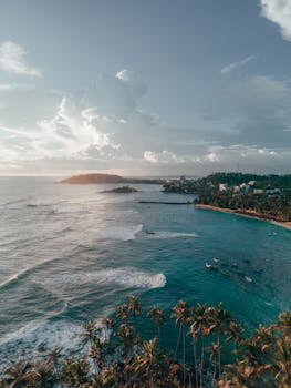 A stunning aerial view of Sri Lanka's coastline with palm trees, clear ocean waves, and a vibrant sunset sky.