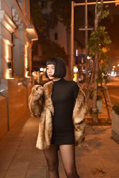 Stylish woman in fur coat walking at night on city street.