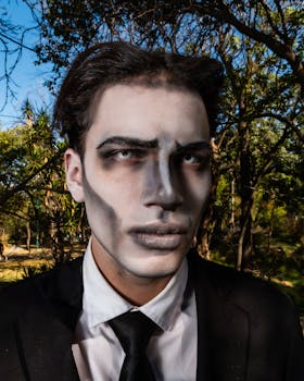Surrealist horror makeup portrait of a man in a forest setting, Mexico City.
