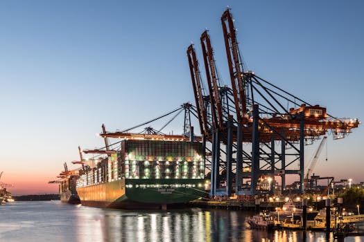 A large container ship at the Hamburg port with cranes during twilight, showcasing global trade.