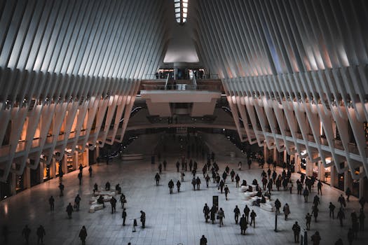 View of people inside the Oculus terminal at World Trade Center, New York.