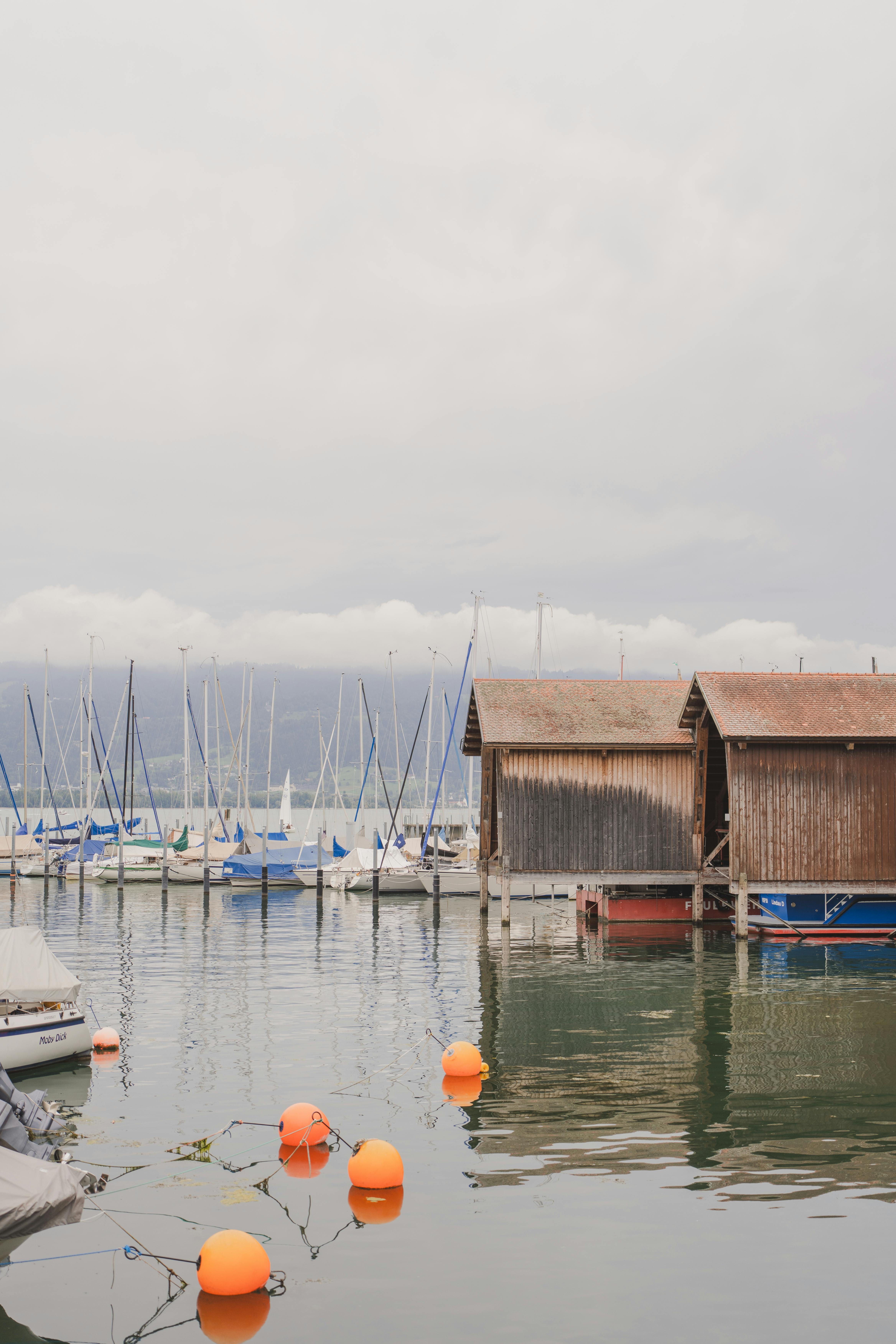 boathouses and sailboats on lake in baden wurtemberg