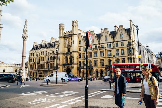 Iconic London street scene featuring historical architecture and urban life.