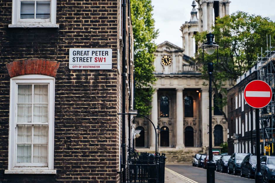 Iconic Westminster street scene with historic architecture in London, UK.