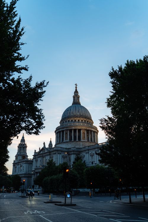 Free View of St Paul's Cathedral in London during twilight with an evening sky. Stock Photo