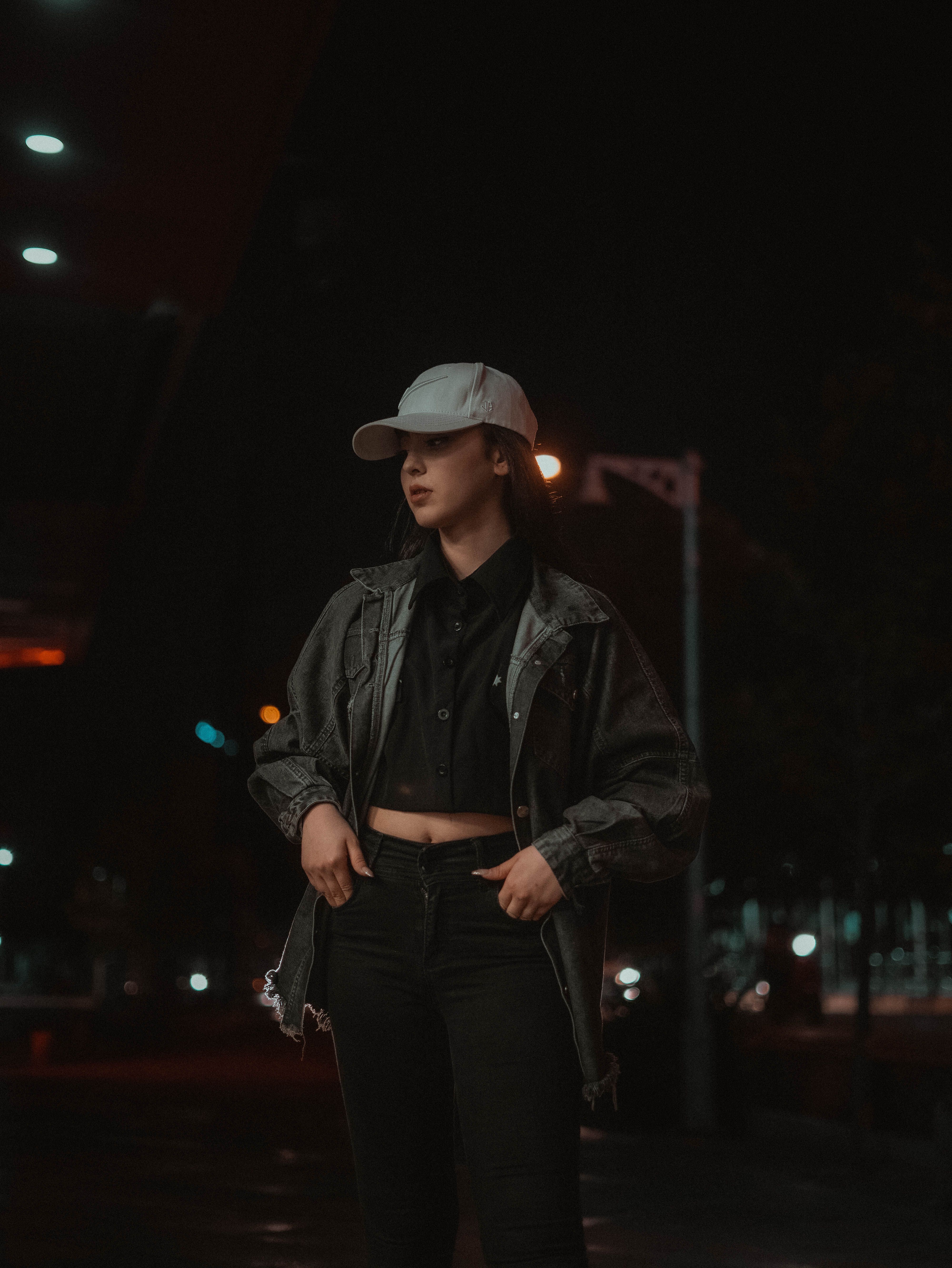 Stylish Woman Posing at Night on City Street · Free Stock Photo