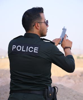 Police officer in uniform holding a gun outdoors, displaying law enforcement presence and authority.