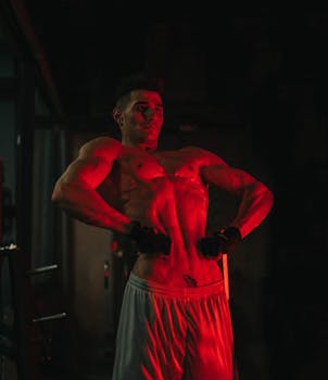 A muscular man showcasing his physique under intense red lighting, emphasizing strength and fitness.