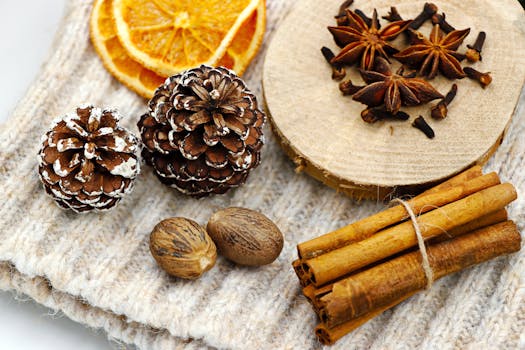 Creative winter composition featuring spices, pine cones, and dried oranges on a woolen background.