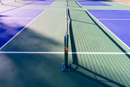 A pickleball court with blue and green surfaces under sunlight, showcasing the net and court lines.