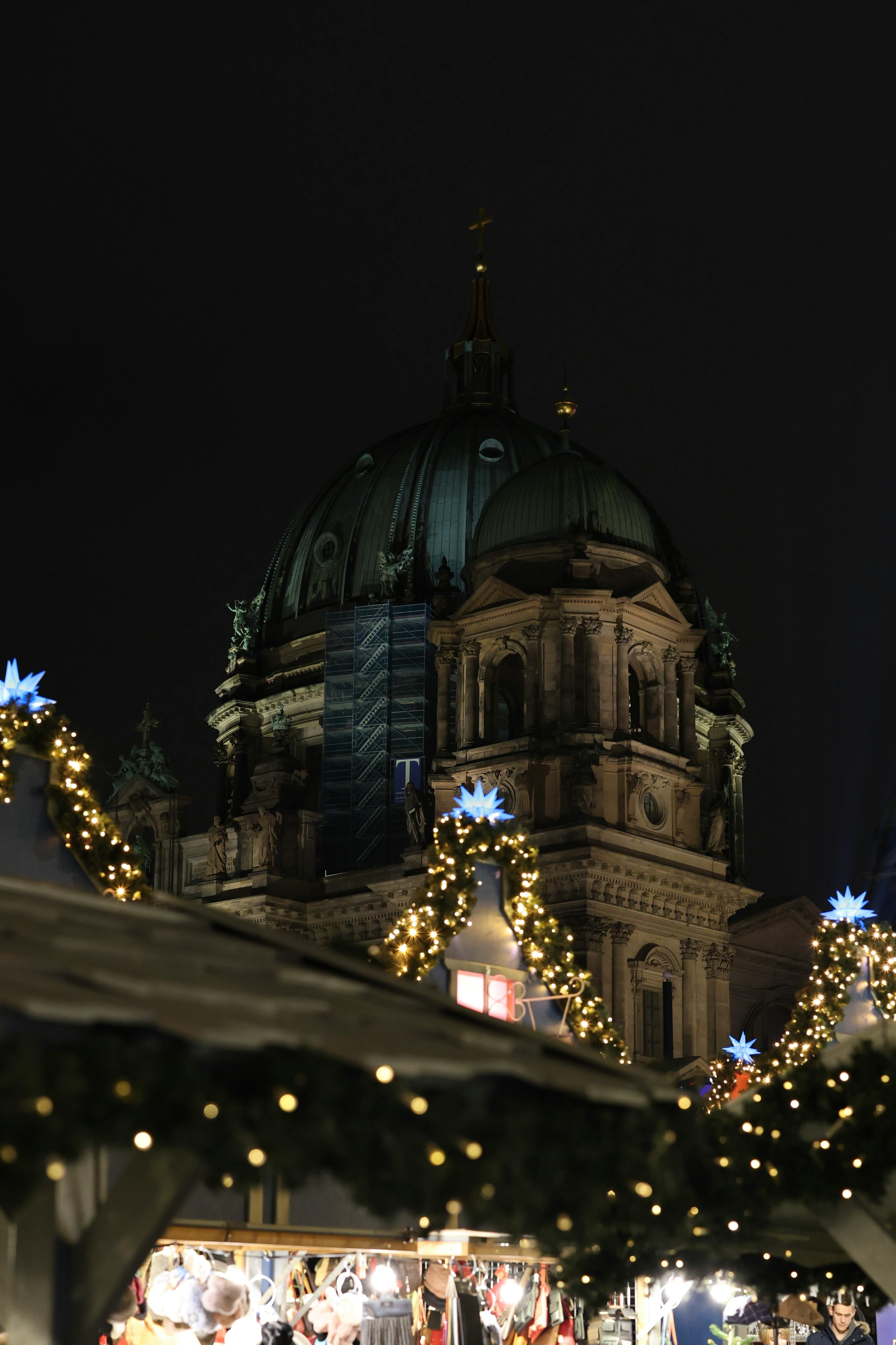 illuminated christmas market with historic dome