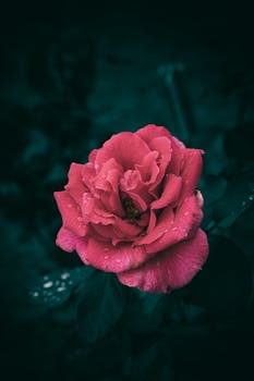 Close-up of a blooming pink rose with dew drops against a dark background, capturing nature's beauty.