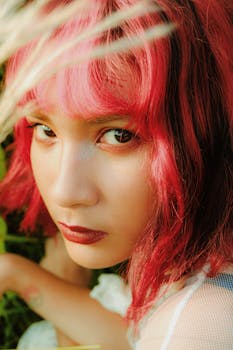 一位红发醒目的女人在户外的艺术特写肖像