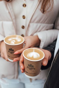 Two people enjoying creamy lattes in Bromberg Kaffee cups, featuring elegant latte art.