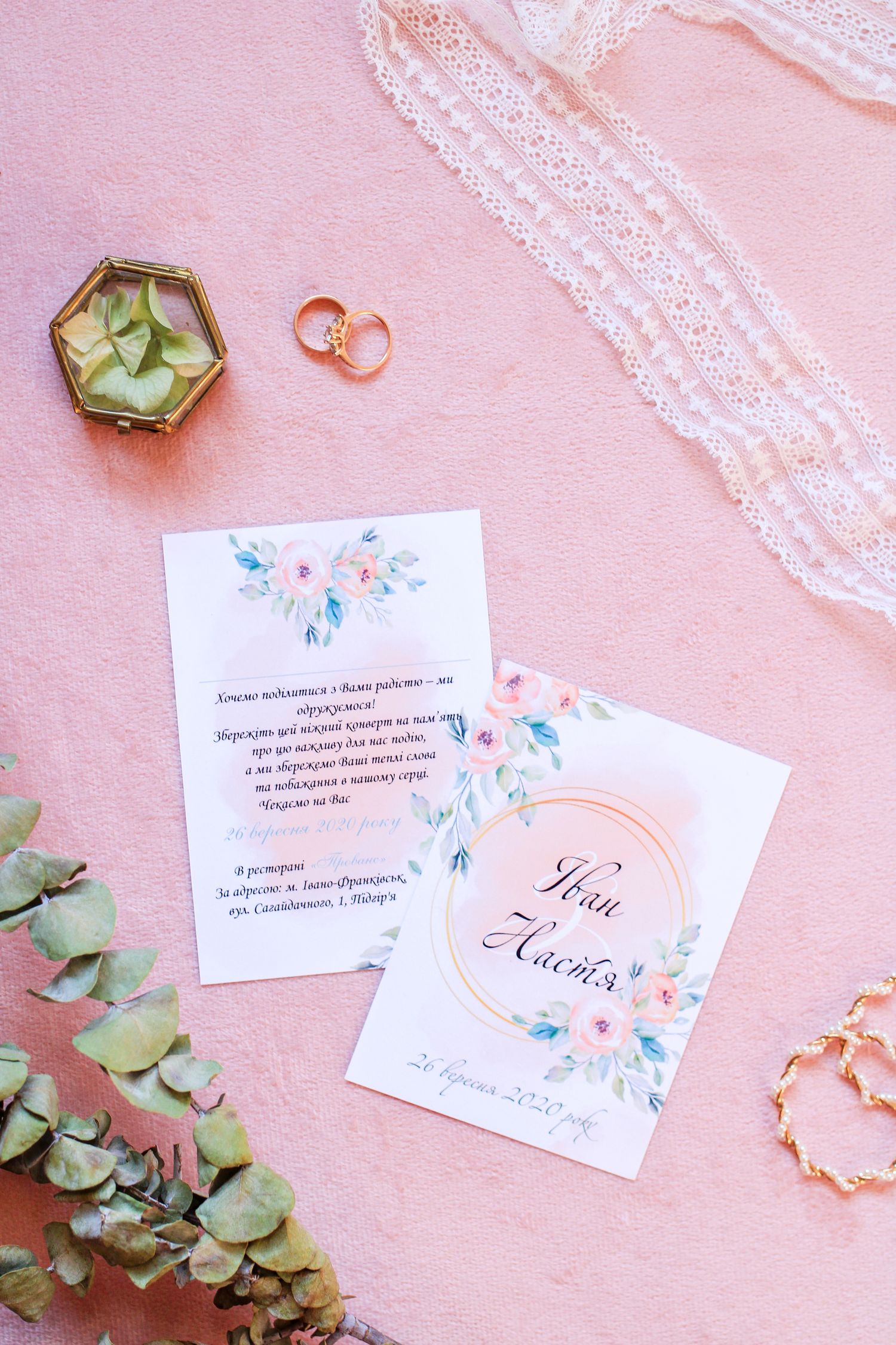 Wedding stationery styled on a table