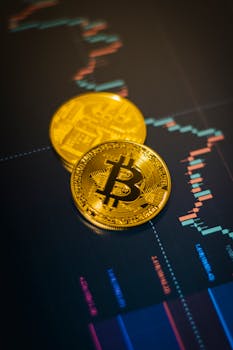 Golden Bitcoin coins on a fluctuating stock market chart background.