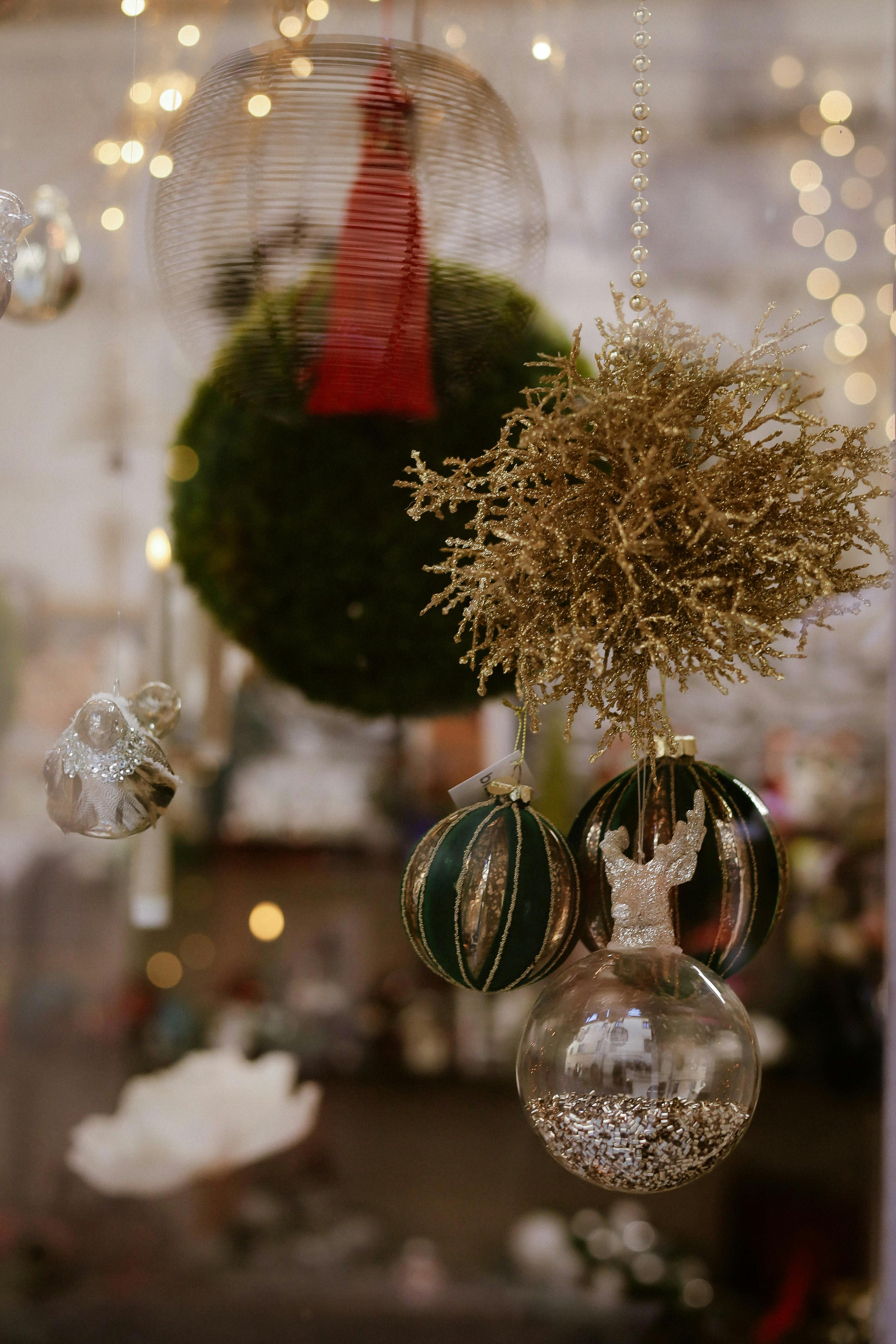 elegant holiday ornament display with warm lighting