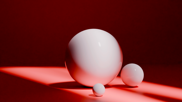 Minimalist composition of three white spheres on a bold red background.