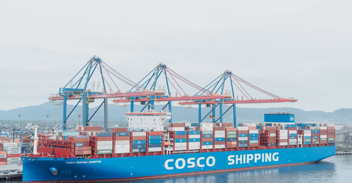 Photo by SAULO LEITE A large cargo ship named COSCO Shipping Argentina docked at a sea port with cranes and container stacks.